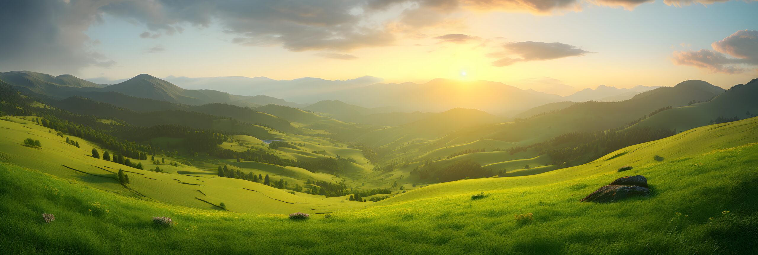 The sun is setting over a green valley